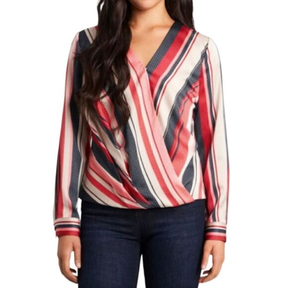 Vince Camuto Gala Stripe Wrap Front Long Sleeve Blouse - Picture 1 of 3